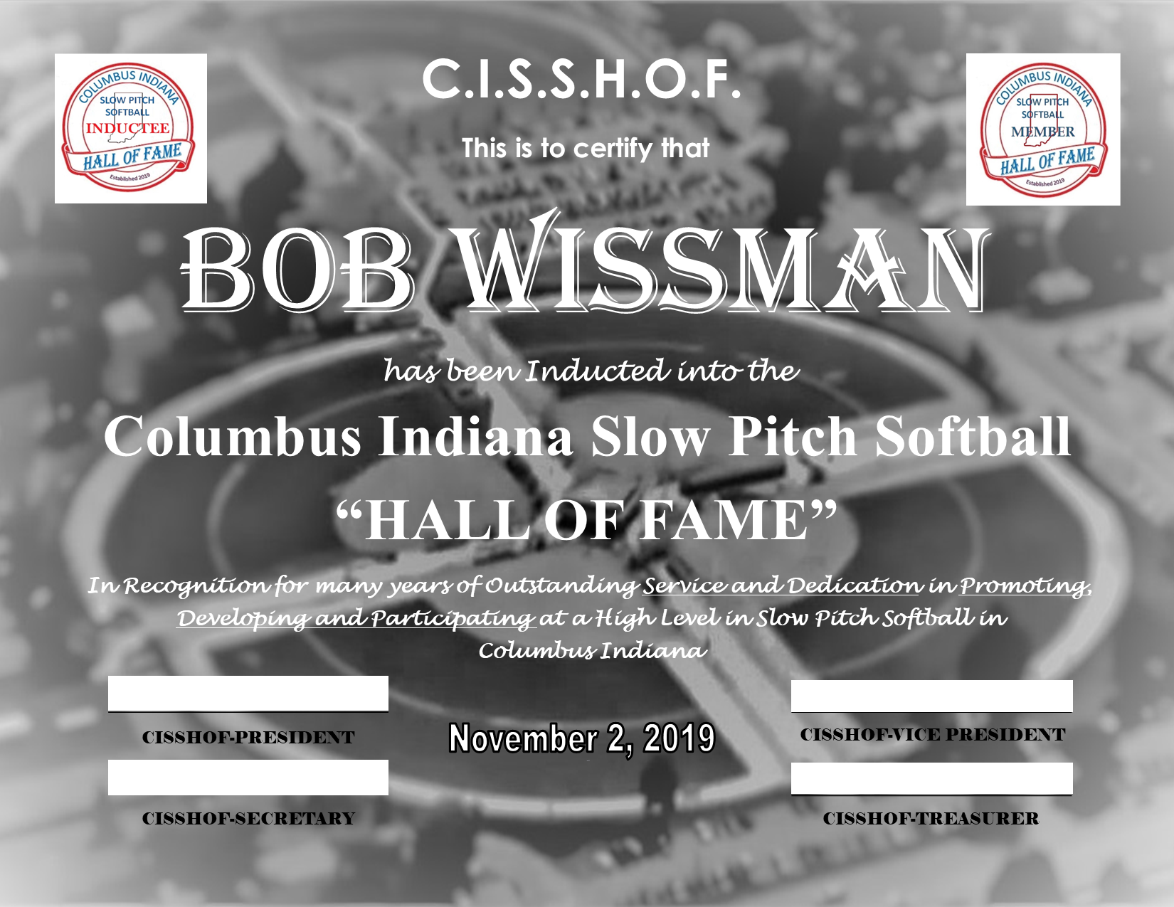 Bob Wissman 2019 CISSHOF Certificate