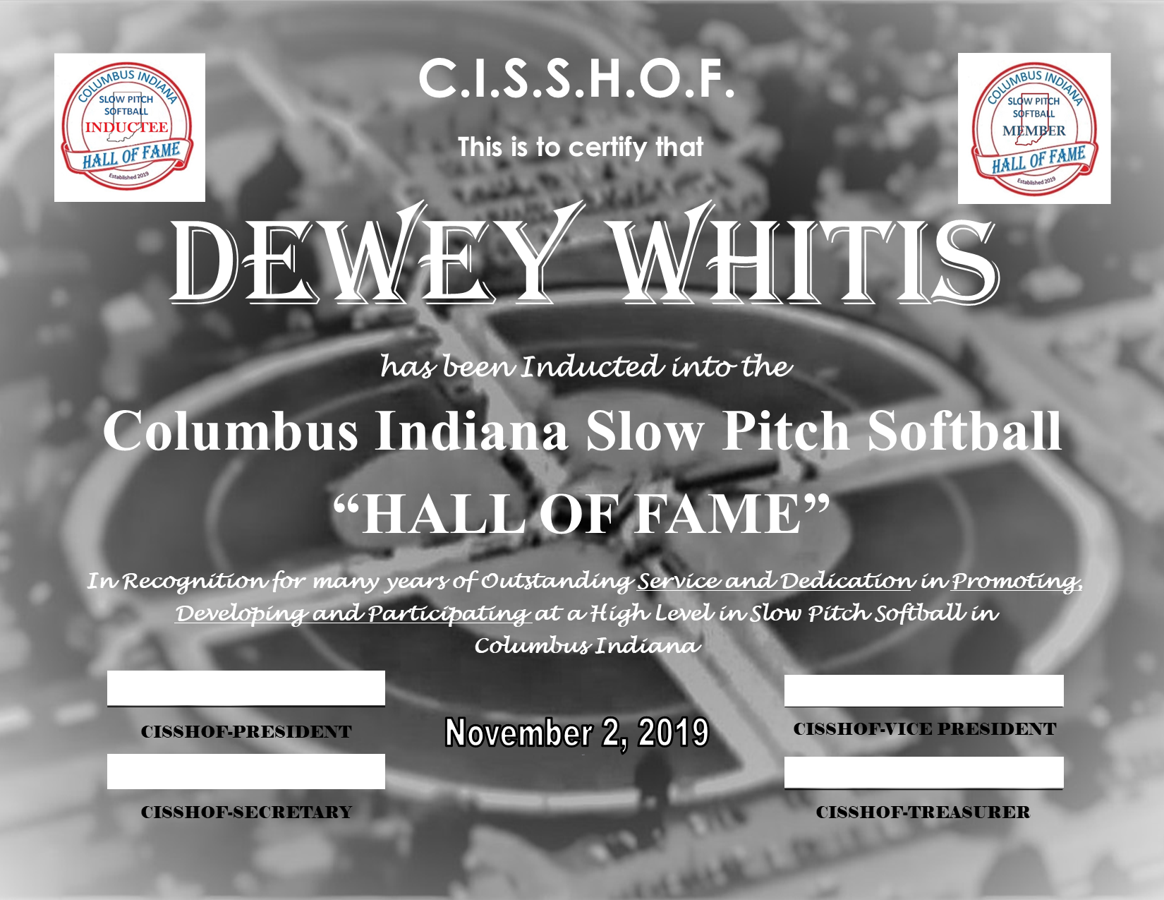 Dewey Whitis 2019 CISSHOF Certificate