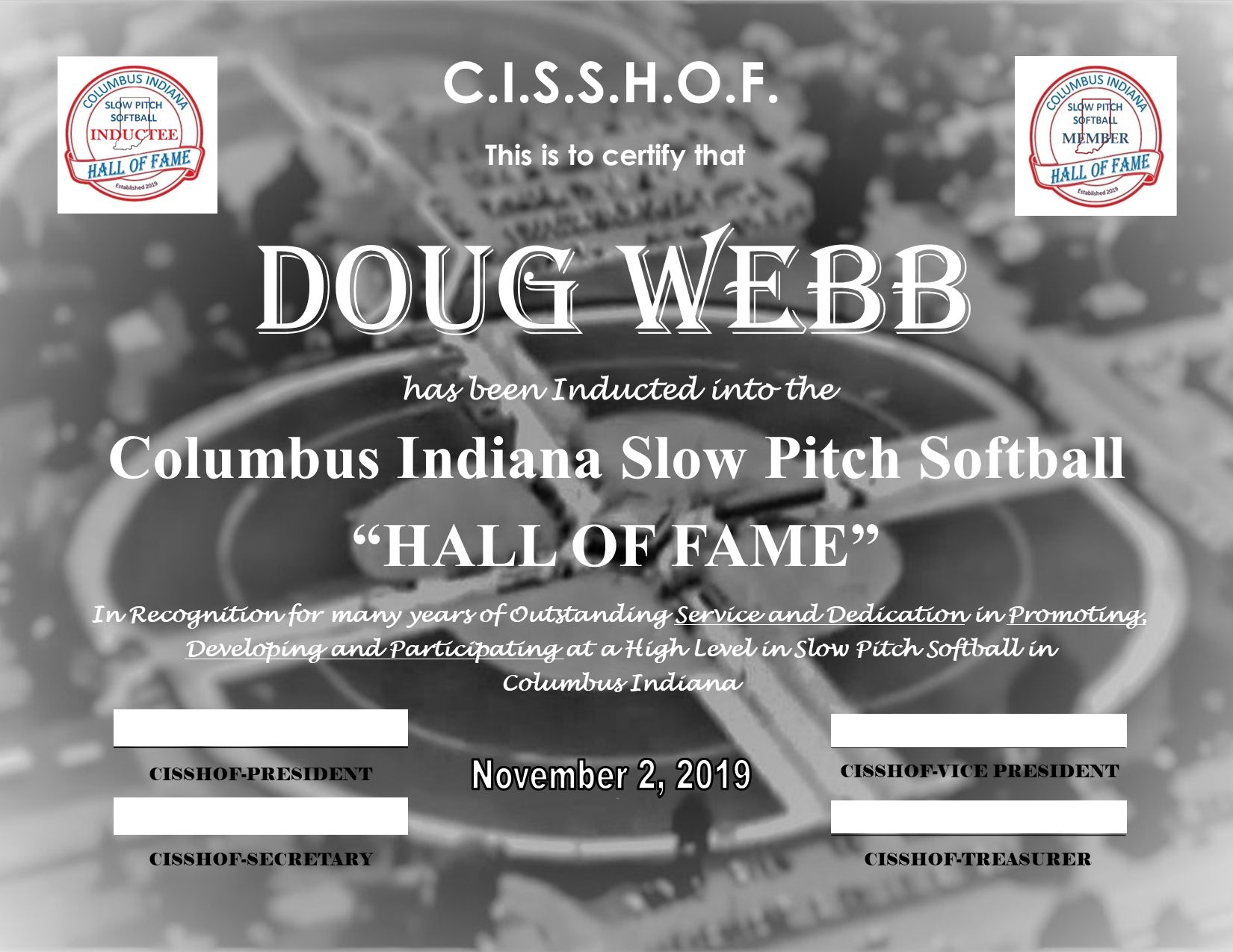 Doug Webb 2019 CISSHOF Certificate