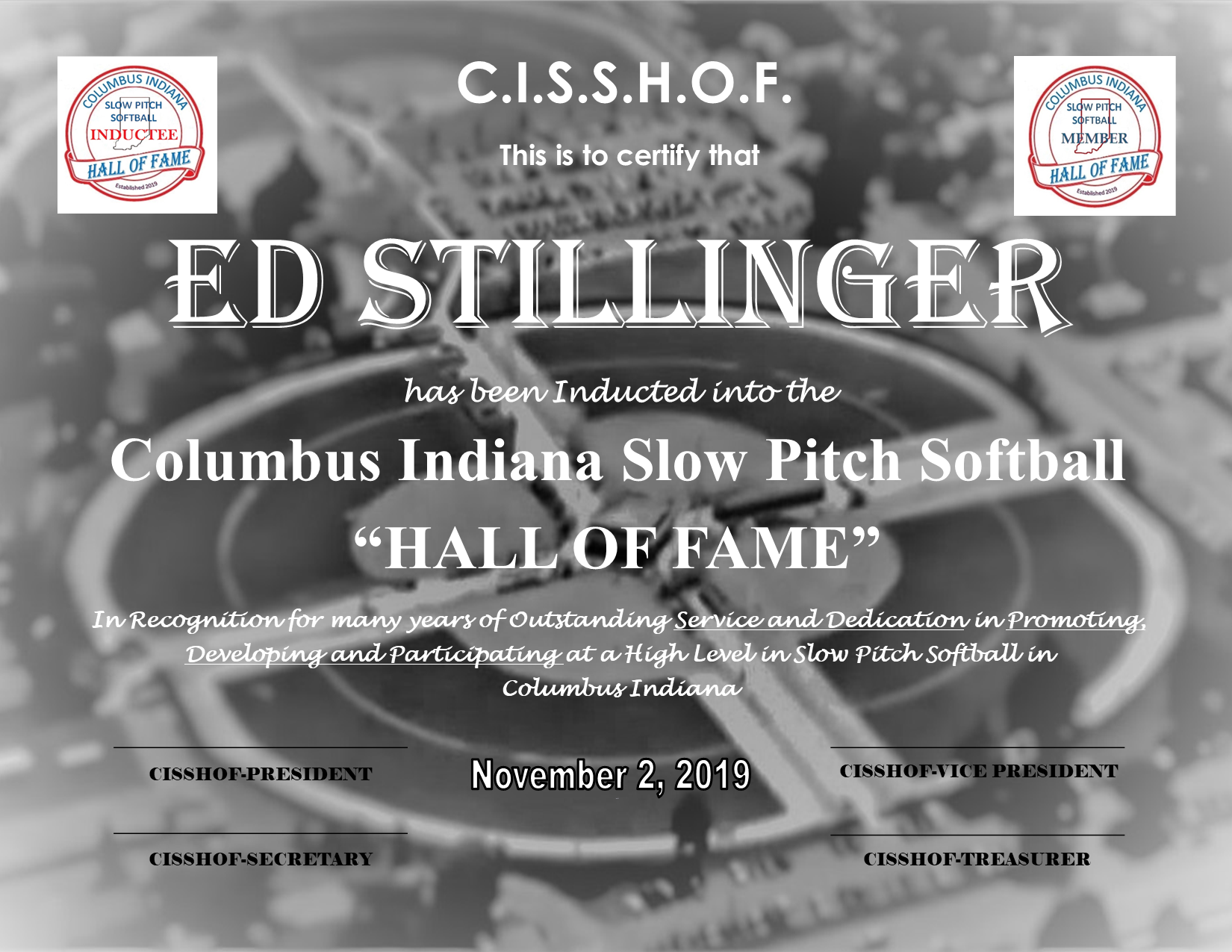 Ed Stillinger 2019 CISSHOF Certificate