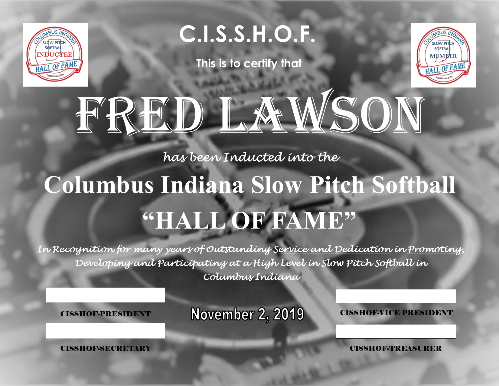 Fred Lawson 2019 CISSHOF Certificate