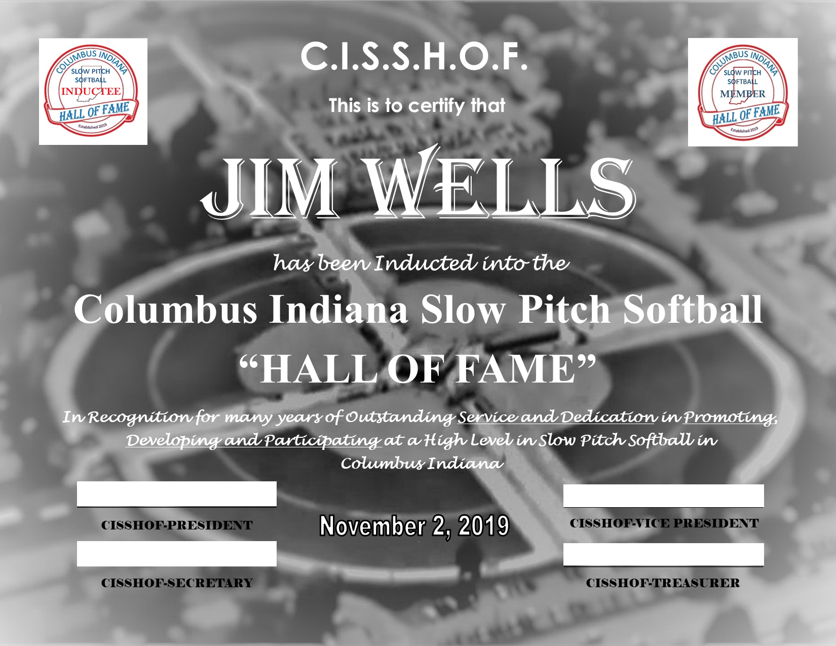 Jim Wells 2019 CISSHOF Certificate