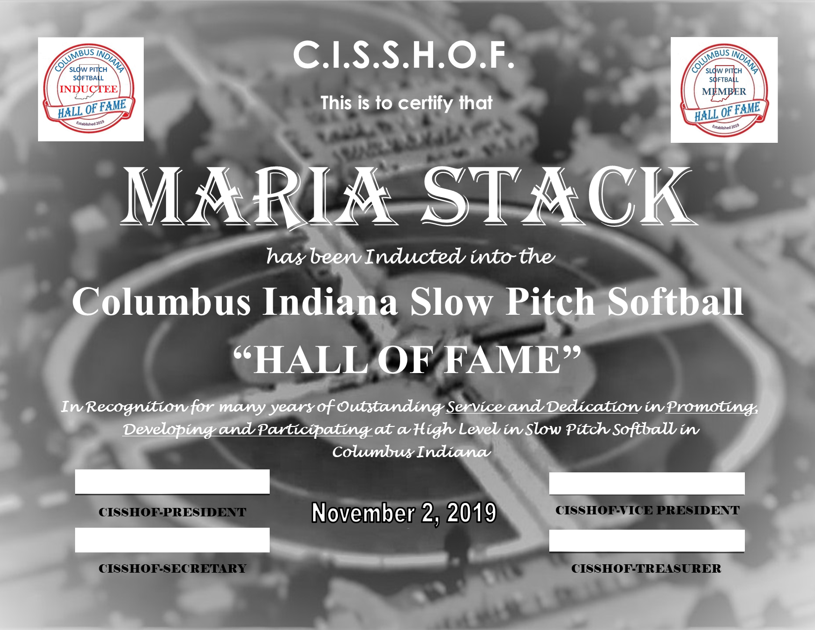 Maria Stack 2019 CISSHOF Certificate