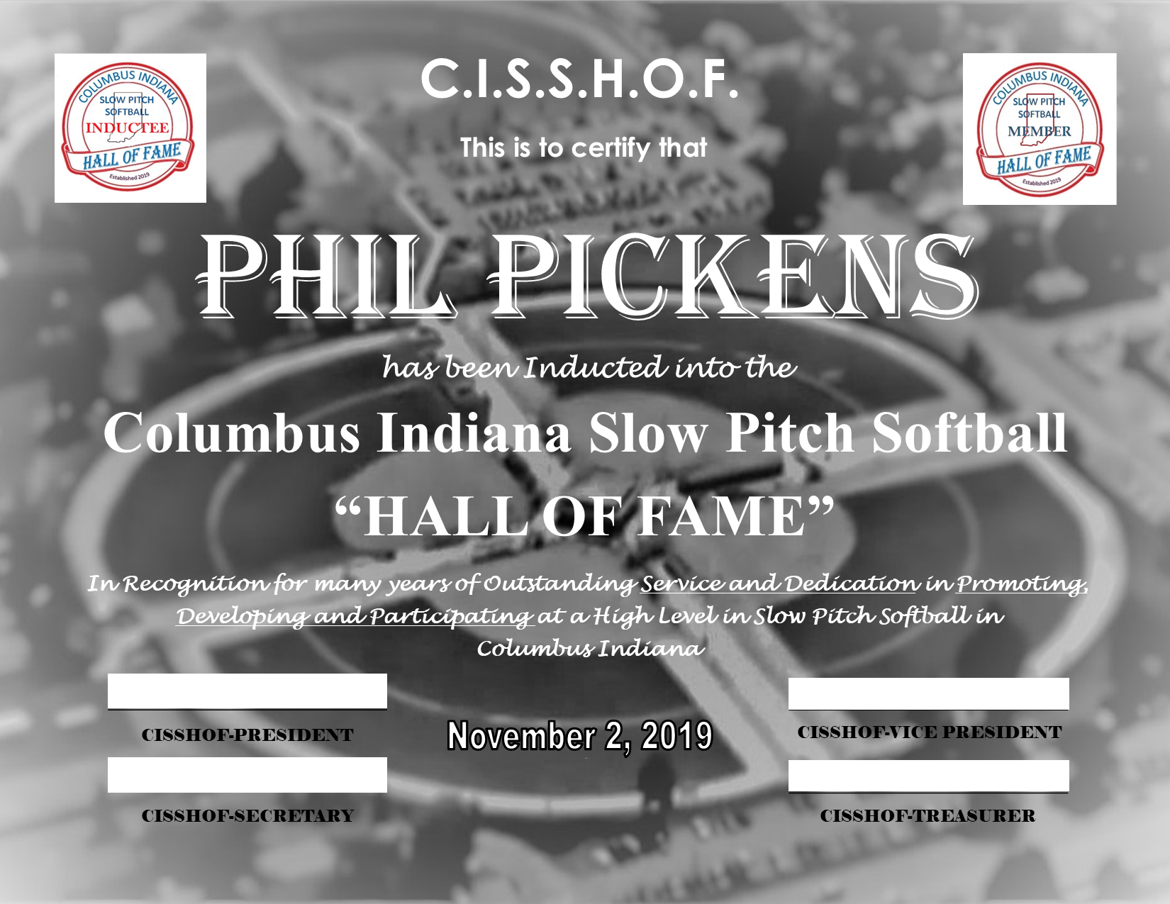 Phil Pickens 2019 CISSHOF Certificate