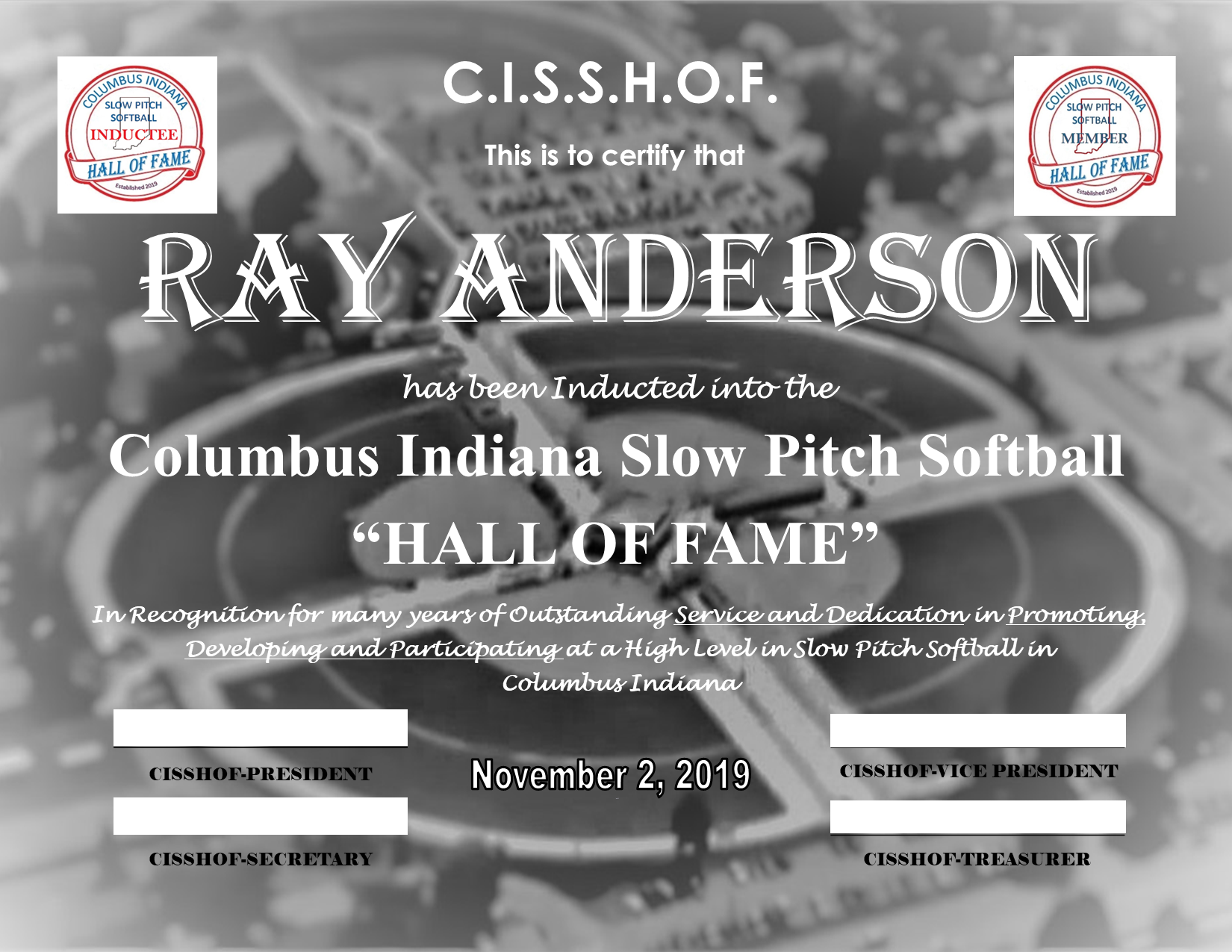 Ray Anderson 2019 CISSHOF Certificate