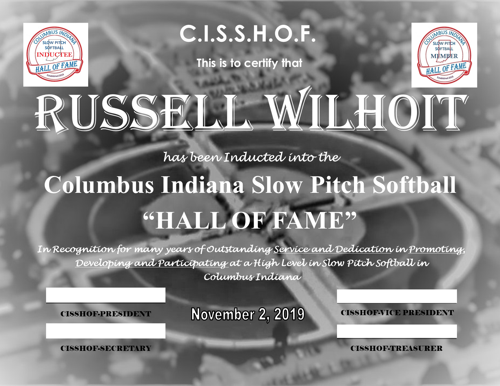 Russell Wilhoit 2019 CISSHOF Certificate