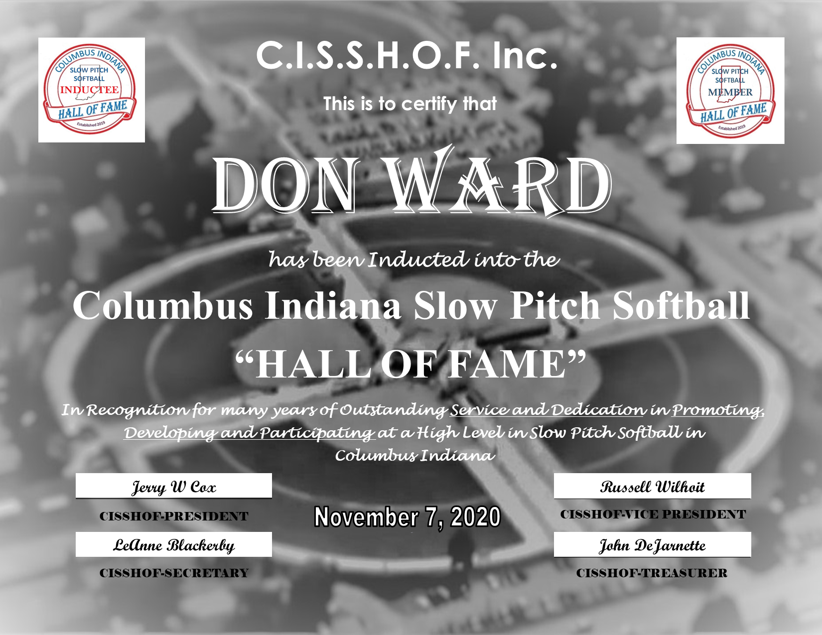 Don Ward 2020 CISSHOF Certificate