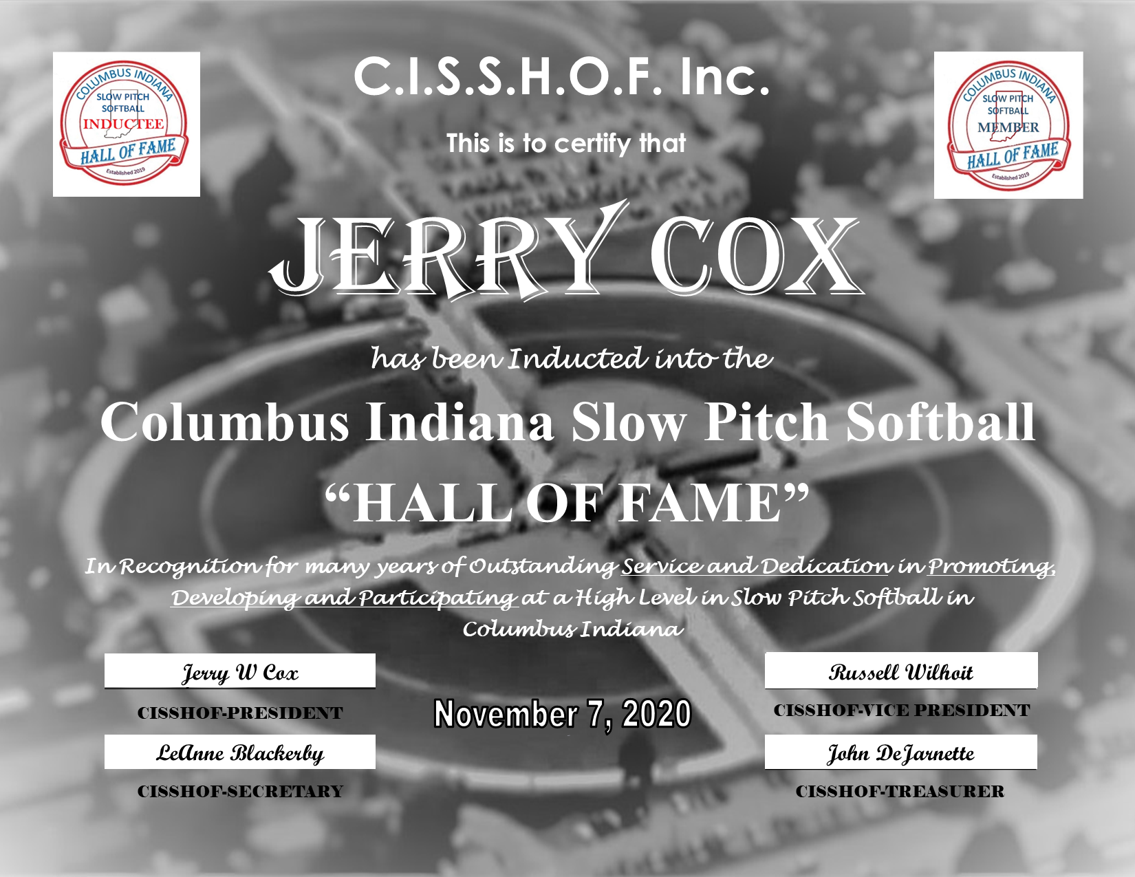 Jerry Cox 2020 CISSHOF Certificate