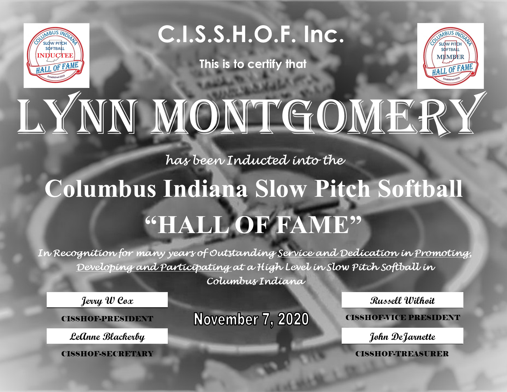 Lynn Montgomery 2020 CISSHOF Certificate