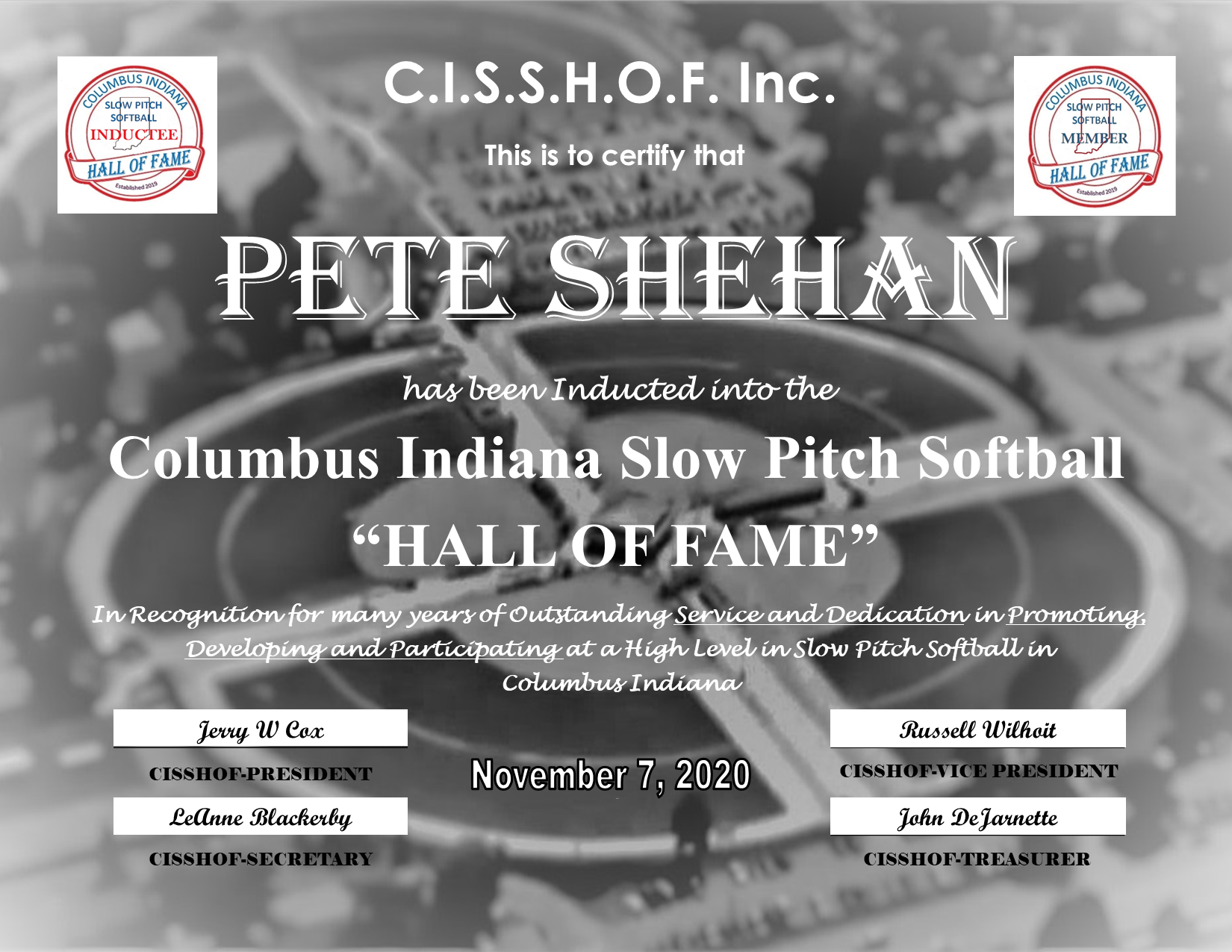 Pete Shehan 2020 CISSHOF Certificate