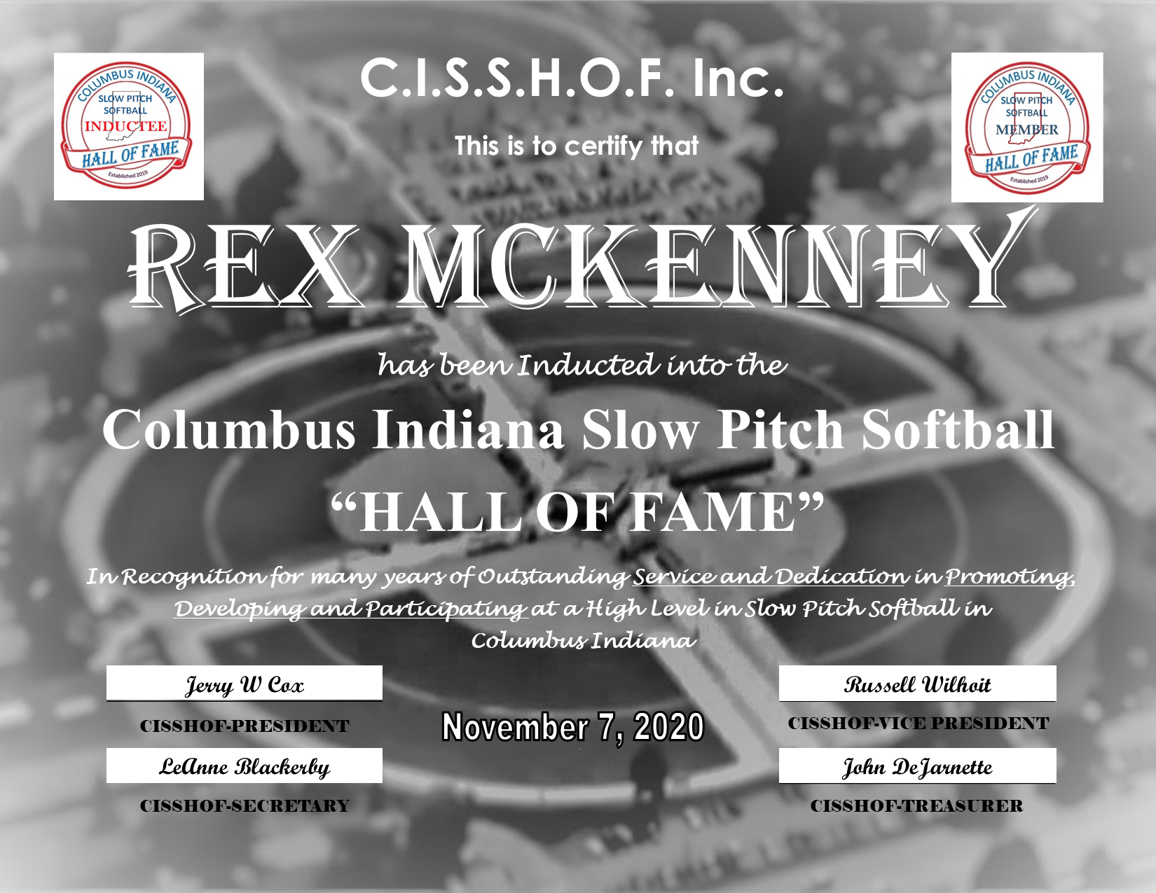 Rex McKenney 2020 CISSHOF Certificate