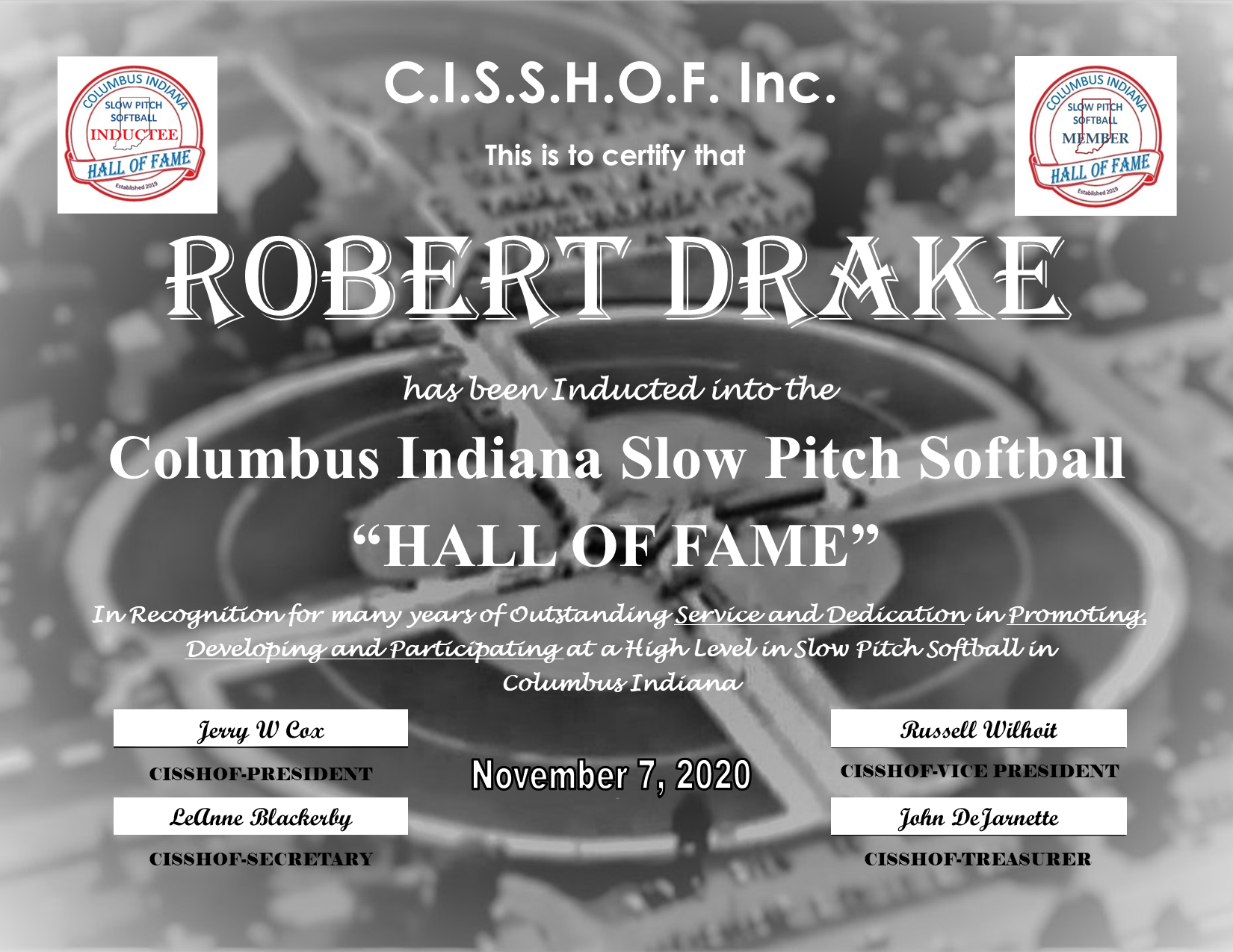 Robert Drake 2020 CISSHOF Certificate