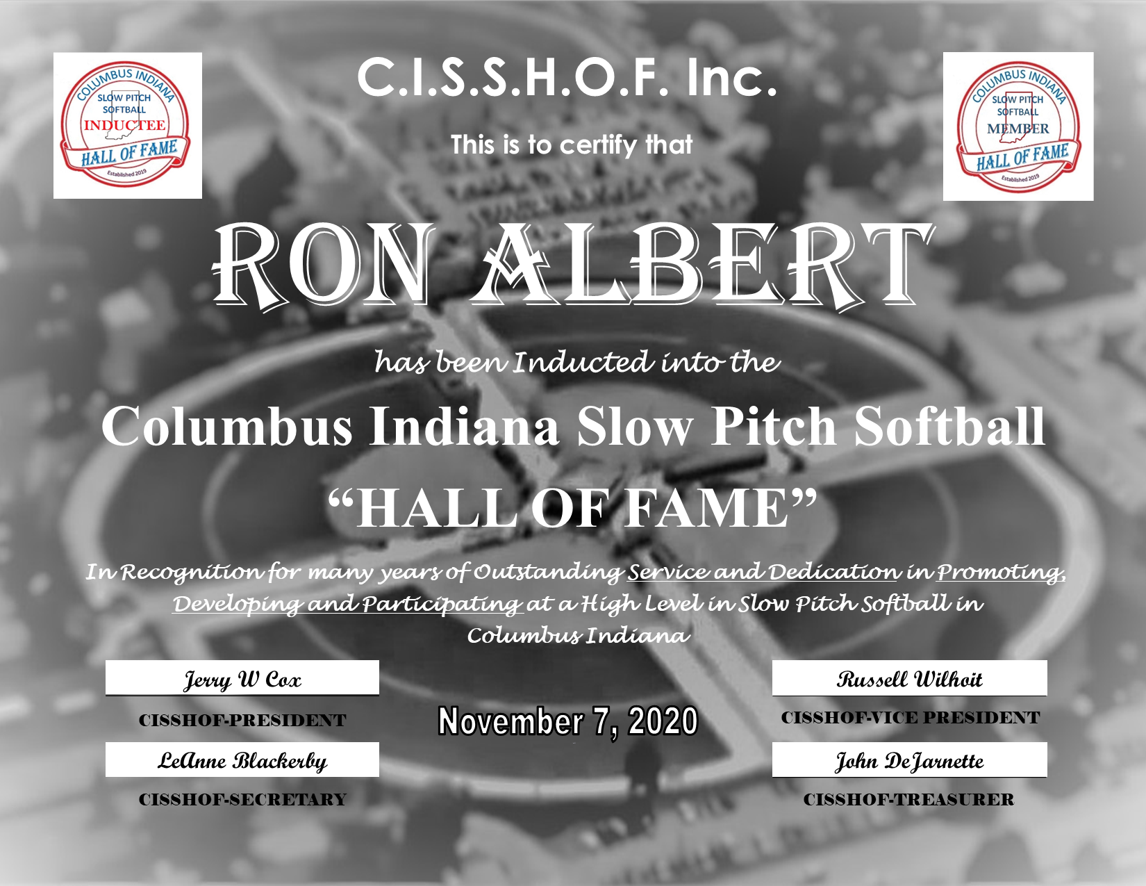 Ron Albert 2020 CISSHOF Certificate