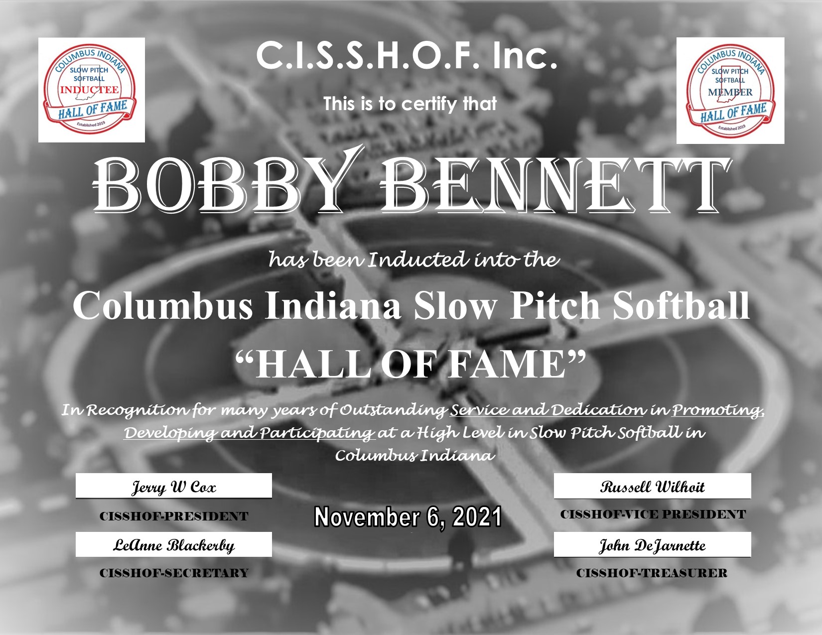 Bobby Bennet 2021 CISSHOF Certificate