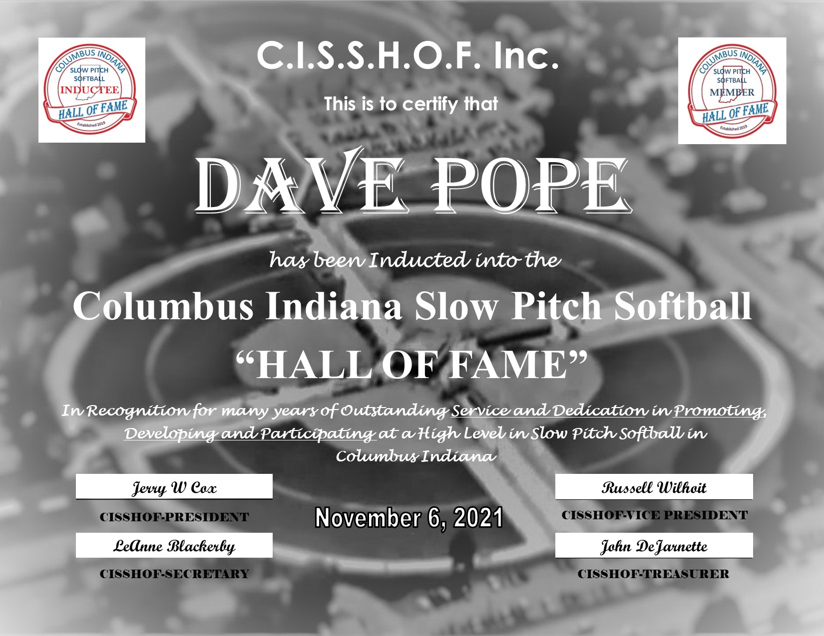 Dave Pope 2021 CISSHOF Certificate