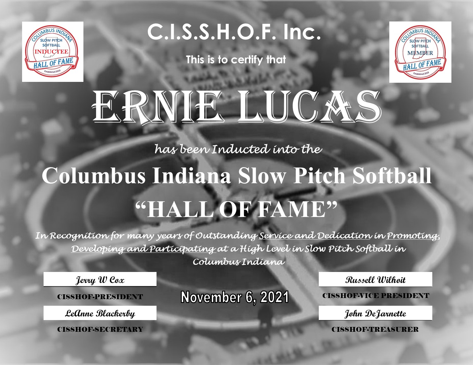 Ernie Lucas 2021 CISSHOF Certificate