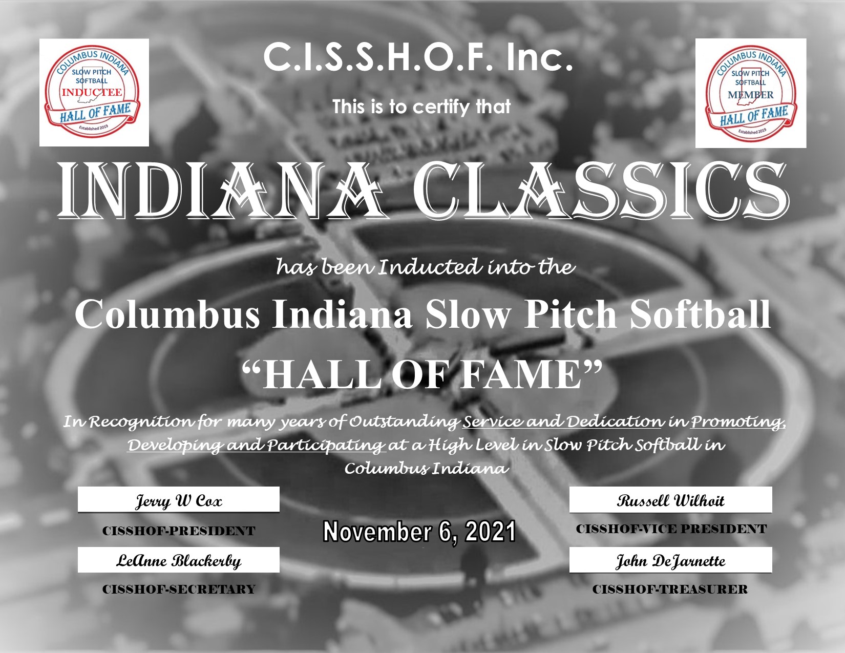 Indiana Classics 2021 CISSHOF Certificate