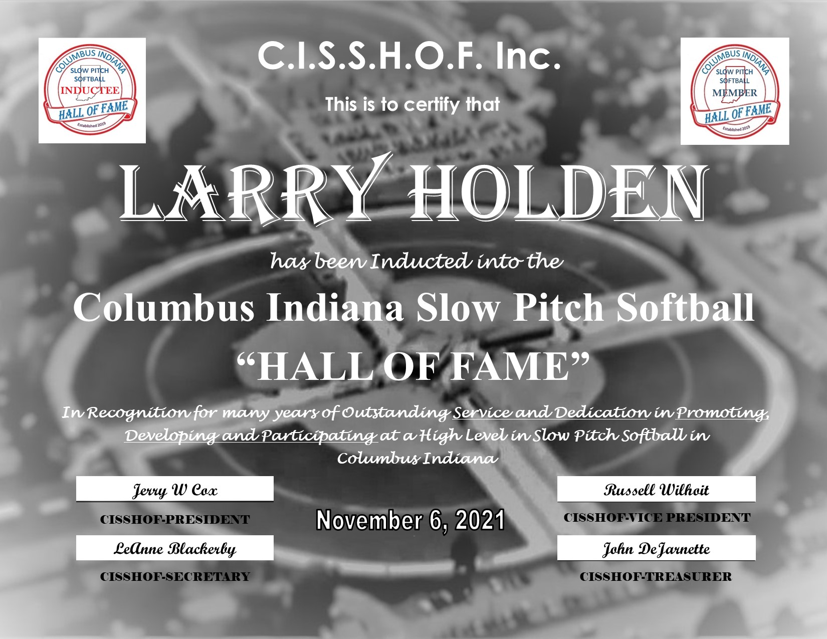 Larry Holden 2021 CISSHOF Certificate