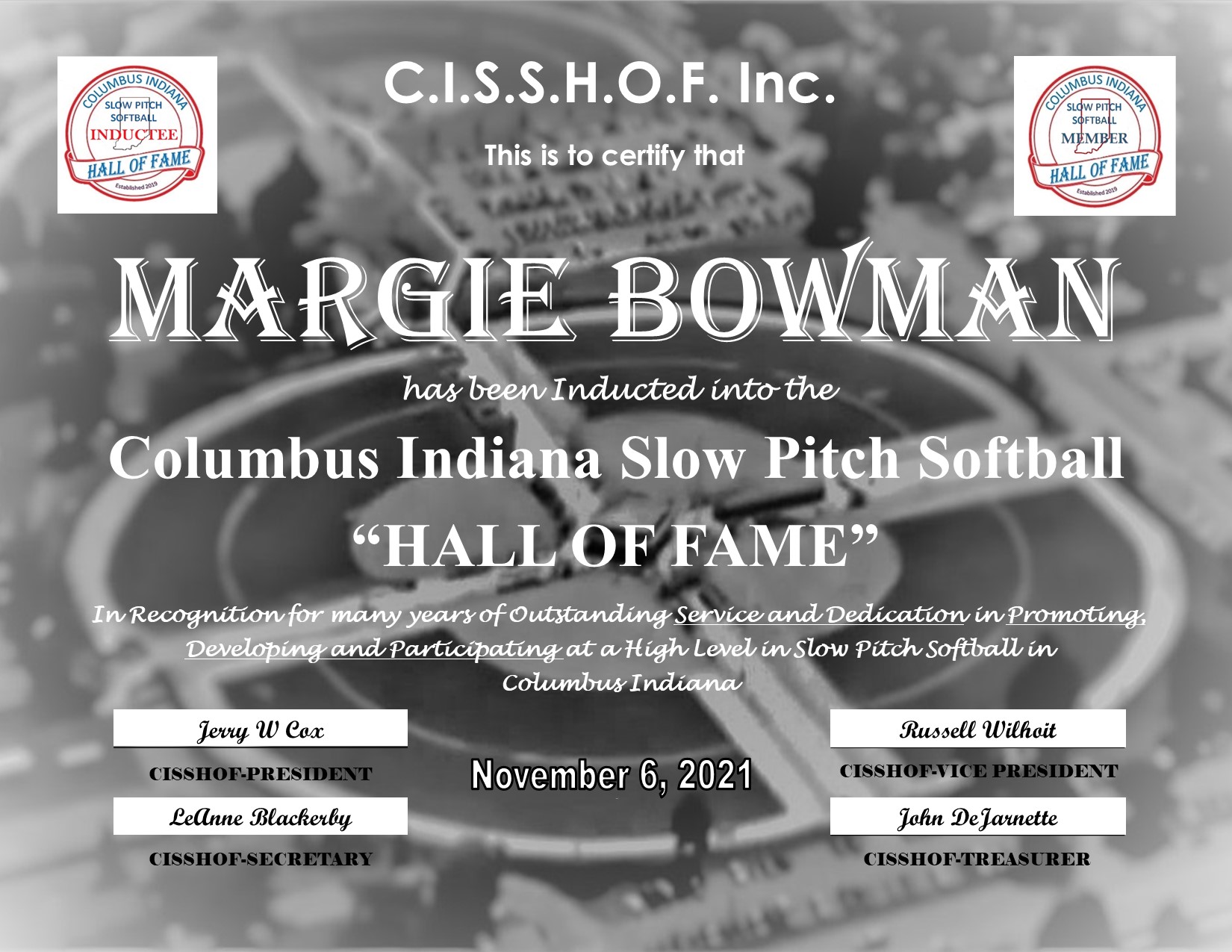 Margie Bowman 2021 CISSHOF Certificate