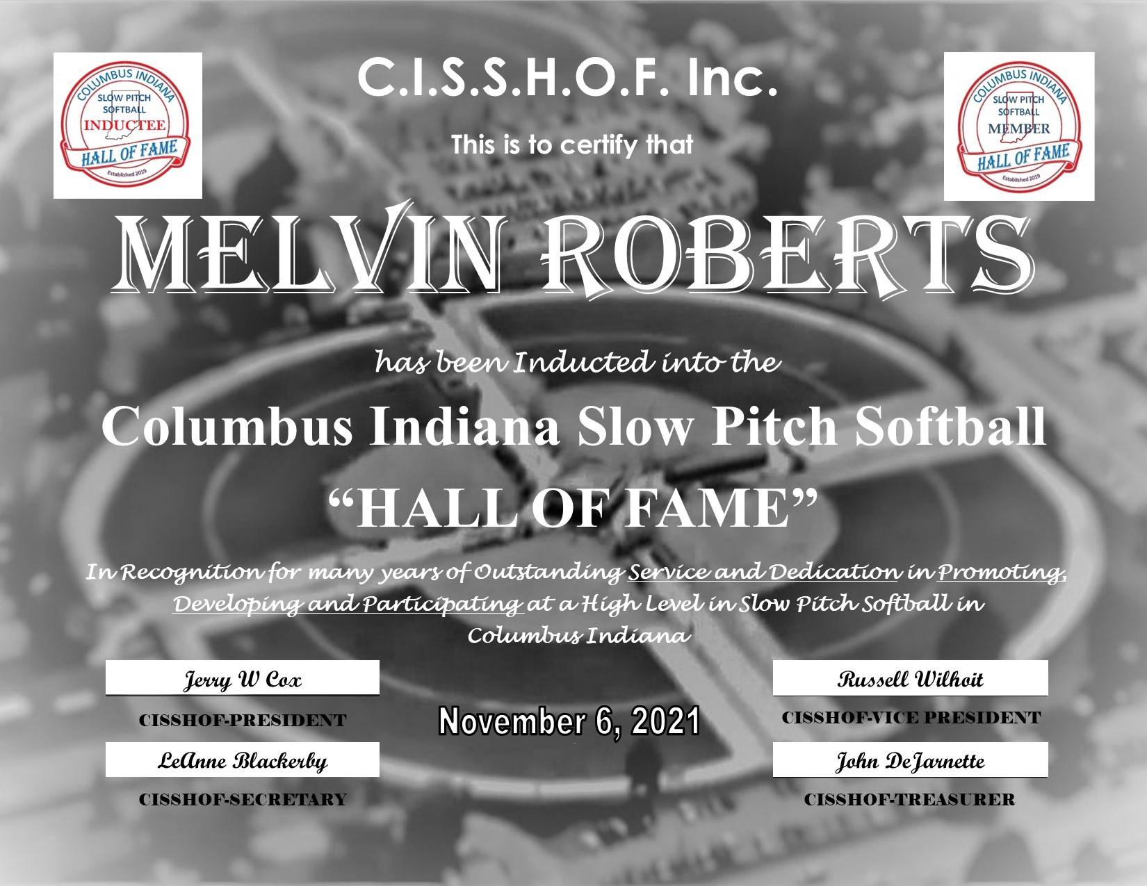 Melvin Roberts 2021 CISSHOF Certificate