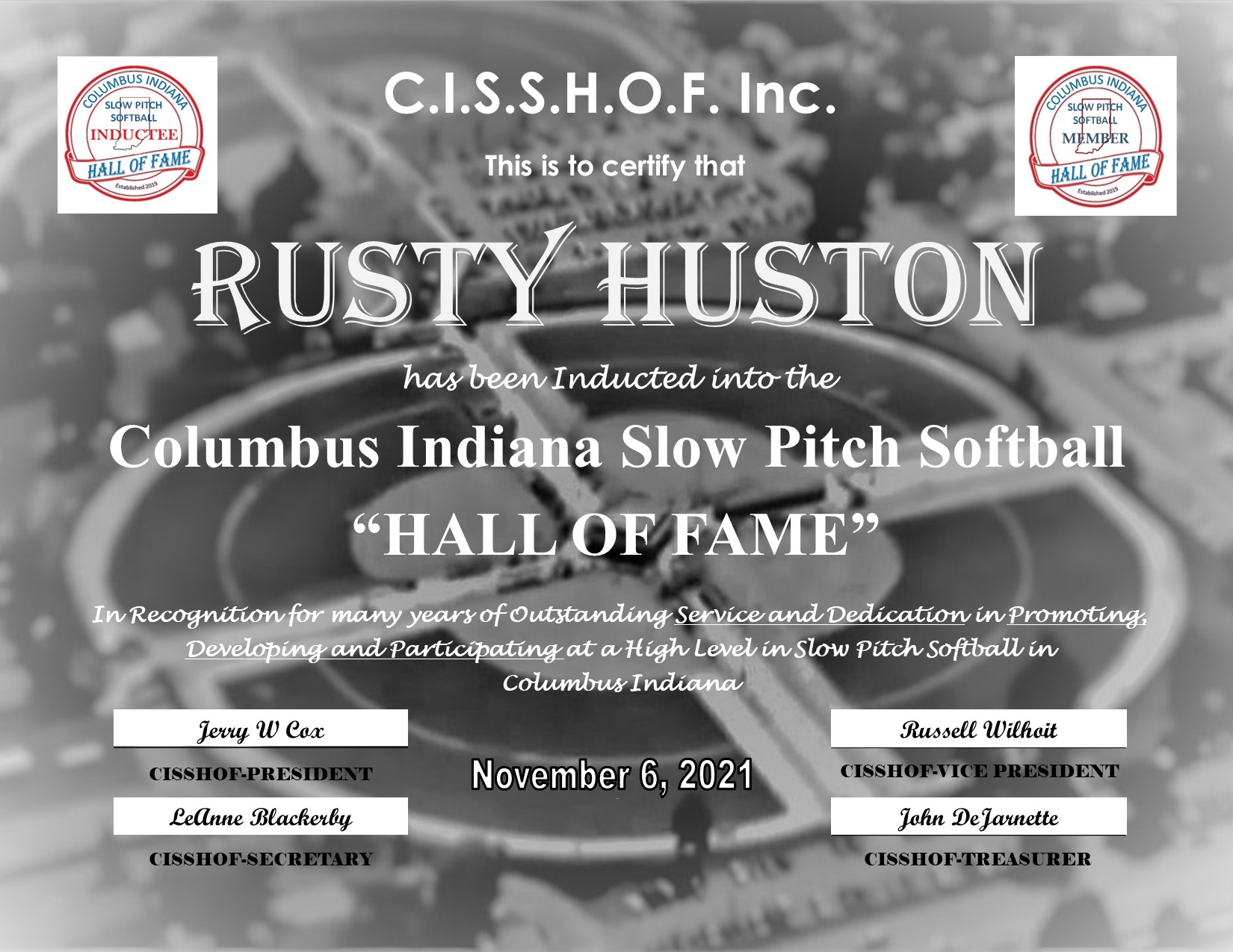 Rusty Huston 2021 CISSHOF Certificate