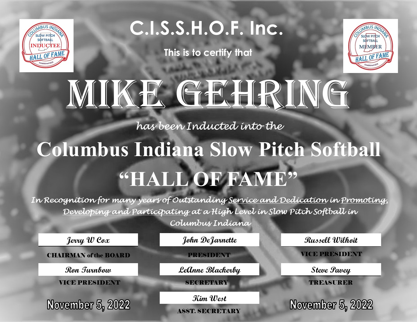 Mike Gehring Certificate