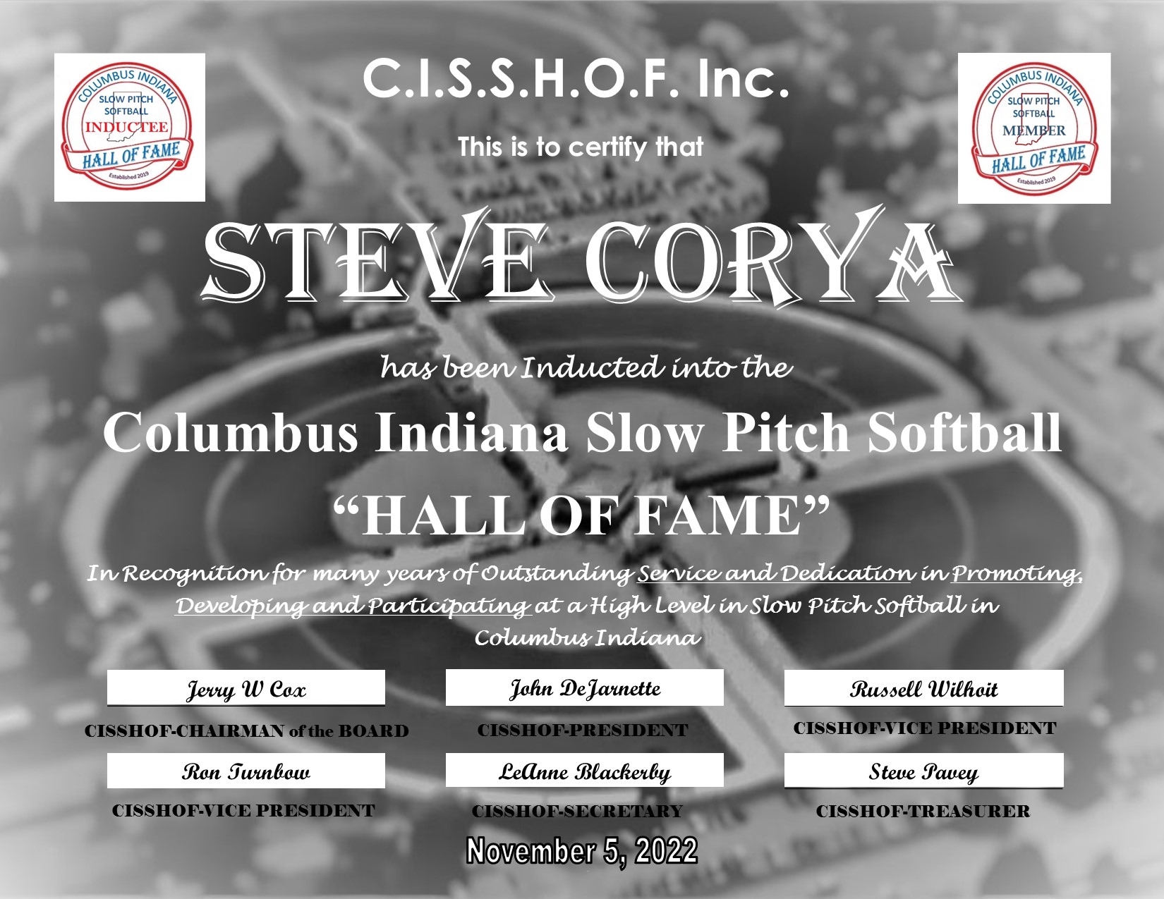 Steve Corya Certificate