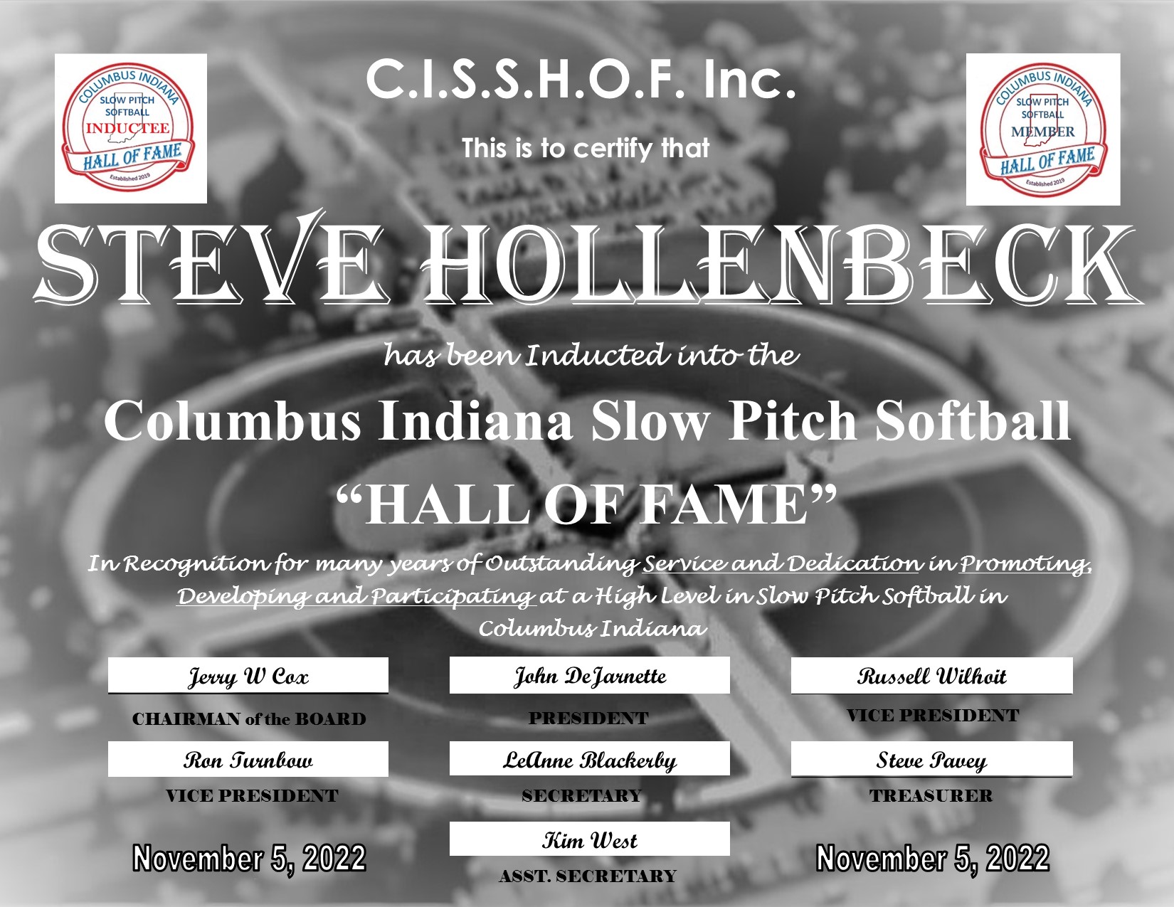 Certificate for Steve Hollenbeck