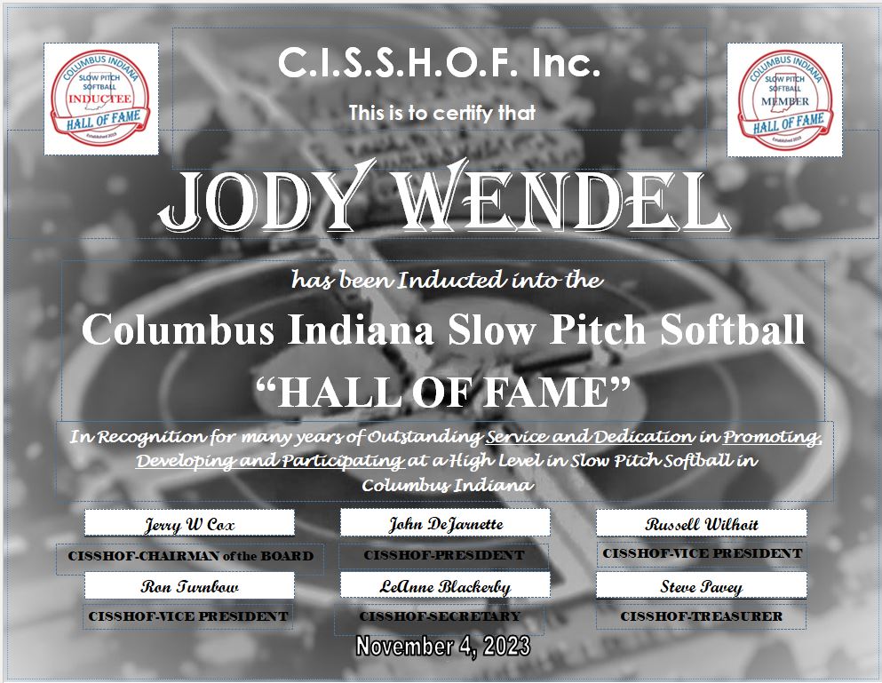 Jody Wendel’s Certificate